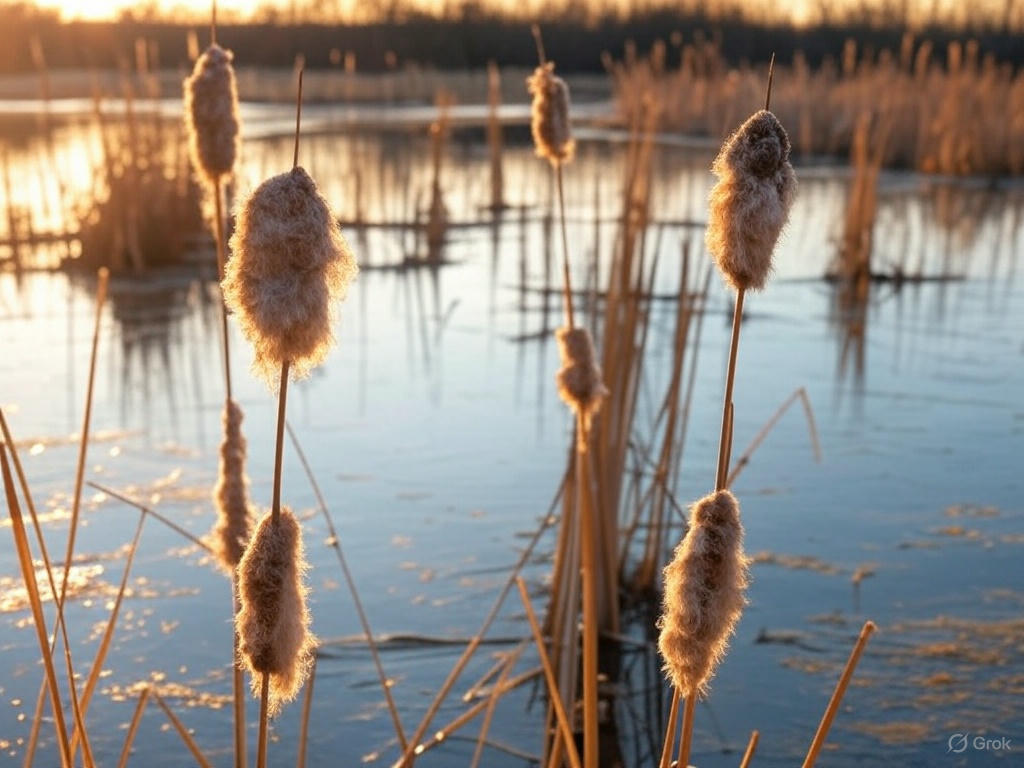 Cattail stems and brown flower heads growing beside water