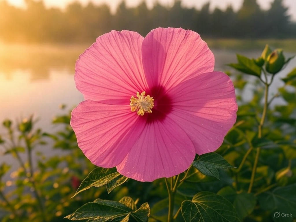 Rose mallow producing large flowers near a wet pond edge