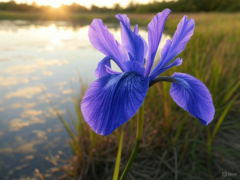 Water iris flowering beside shallow pond water