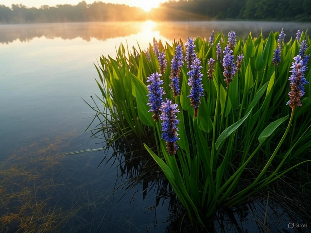 Pickerelweed growing with upright leaves and violet flower spikes