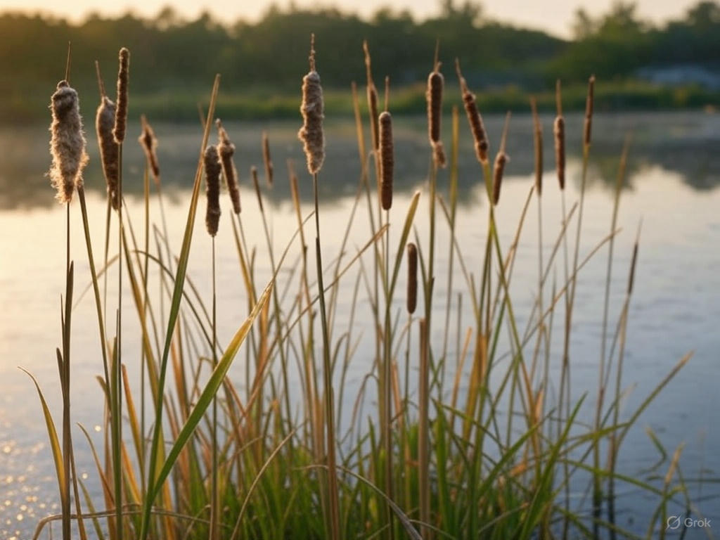 Cattails growing in a wet pond-edge planting