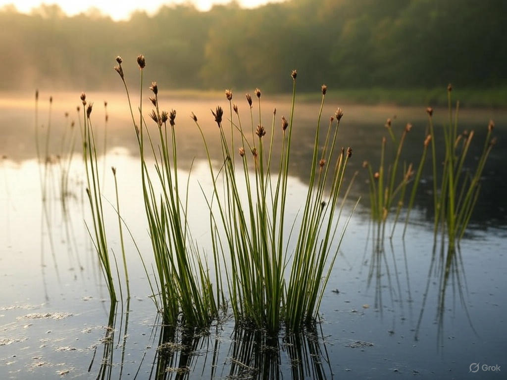 Upright rush stems growing at a pond margin